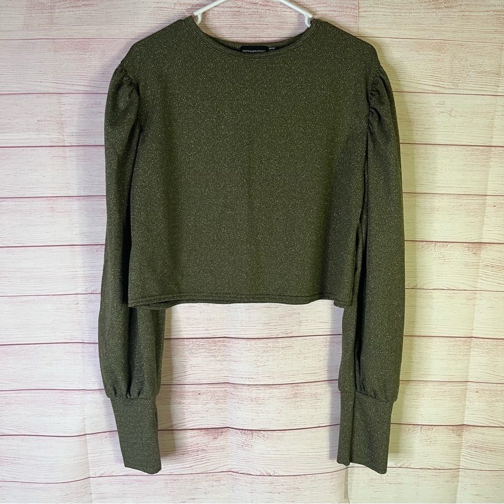 PrettyLittleThing Olive Green Gold Metallic Long Puff Sleeves‎ Top Size 8